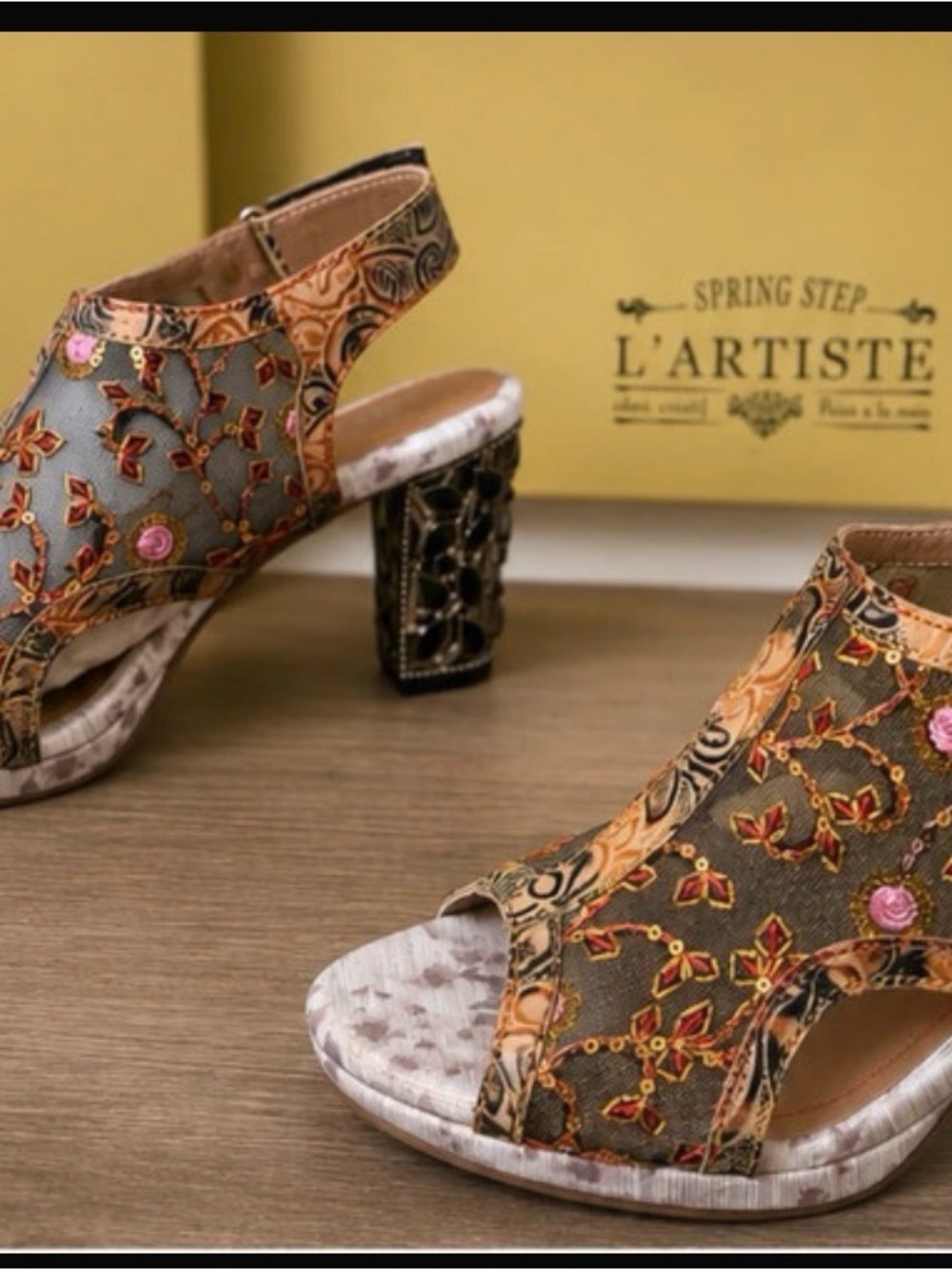 Spring Step L'Artiste Olive and Gold Embroidered Block-Heels